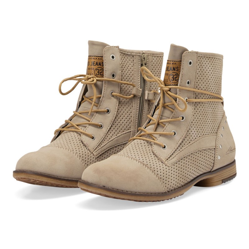 Beżowe skórzane Botki Mustang sznurowane  - 1112