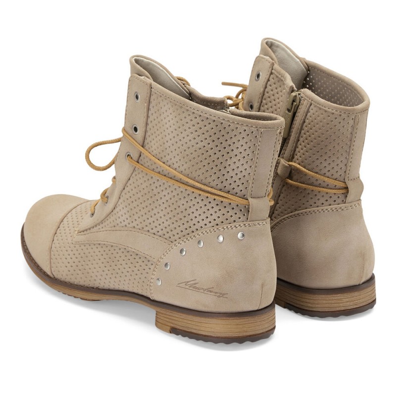 Beżowe skórzane Botki Mustang sznurowane  - 1113