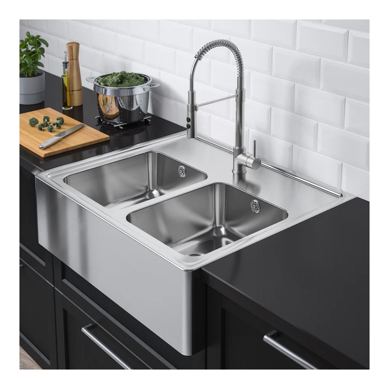 Zlew kuchenny, 2 komorowy z widocznym frontem, stal-nierdzewna, 80 x 69cm  - 911